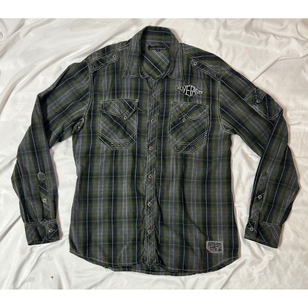 Affliction Black Premium Plaid Button Up Shirt Winged Skull Green Black XL